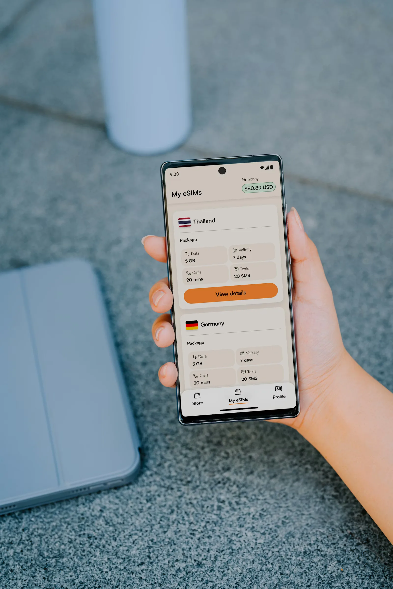 A phone showing eSIM options, representing remote provisioning and connectivity choices.